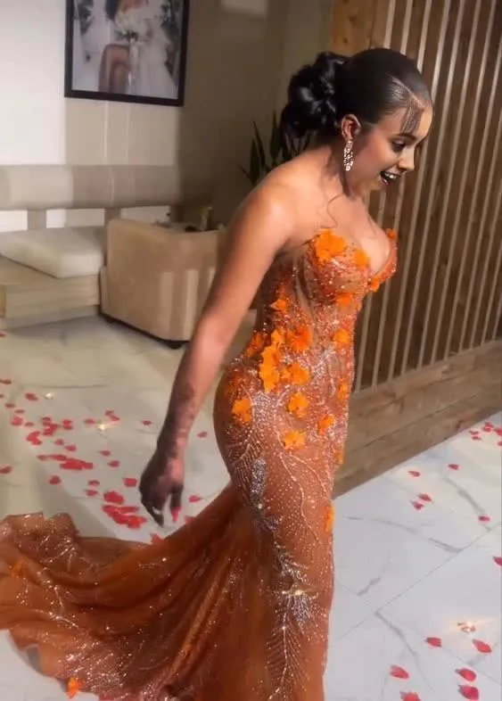 Gorgeous Orange Beaded Applique Mermaid Evening Dress Long Prom Dress