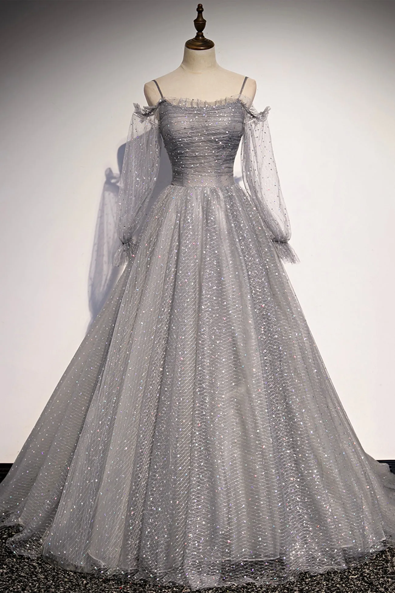 Gray Tulle Sequins Long Prom Dress Long Sleeve Evening Dress