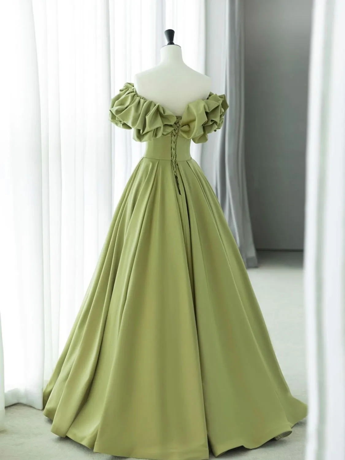 Green A-Line Satin Long Prom Dresses, Green Formal Evening Dress