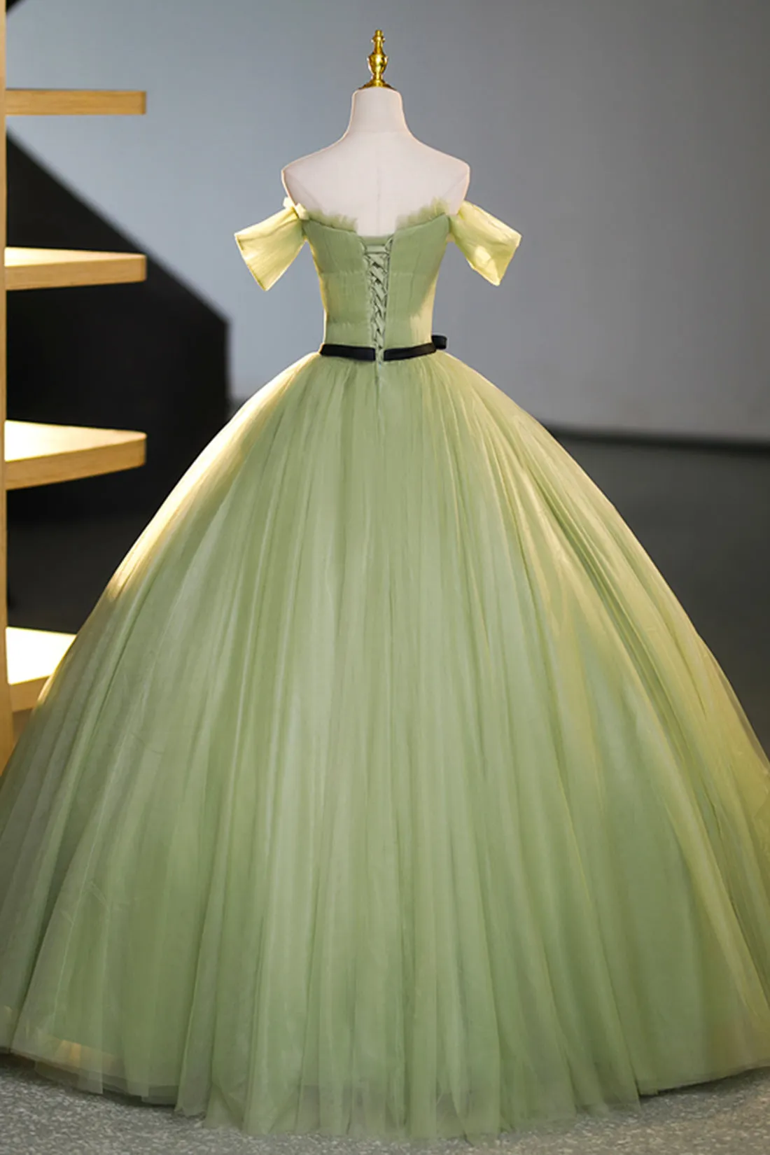 Green Off-Shoulder Tulle Long Formal Dress, A-Line Evening Dress