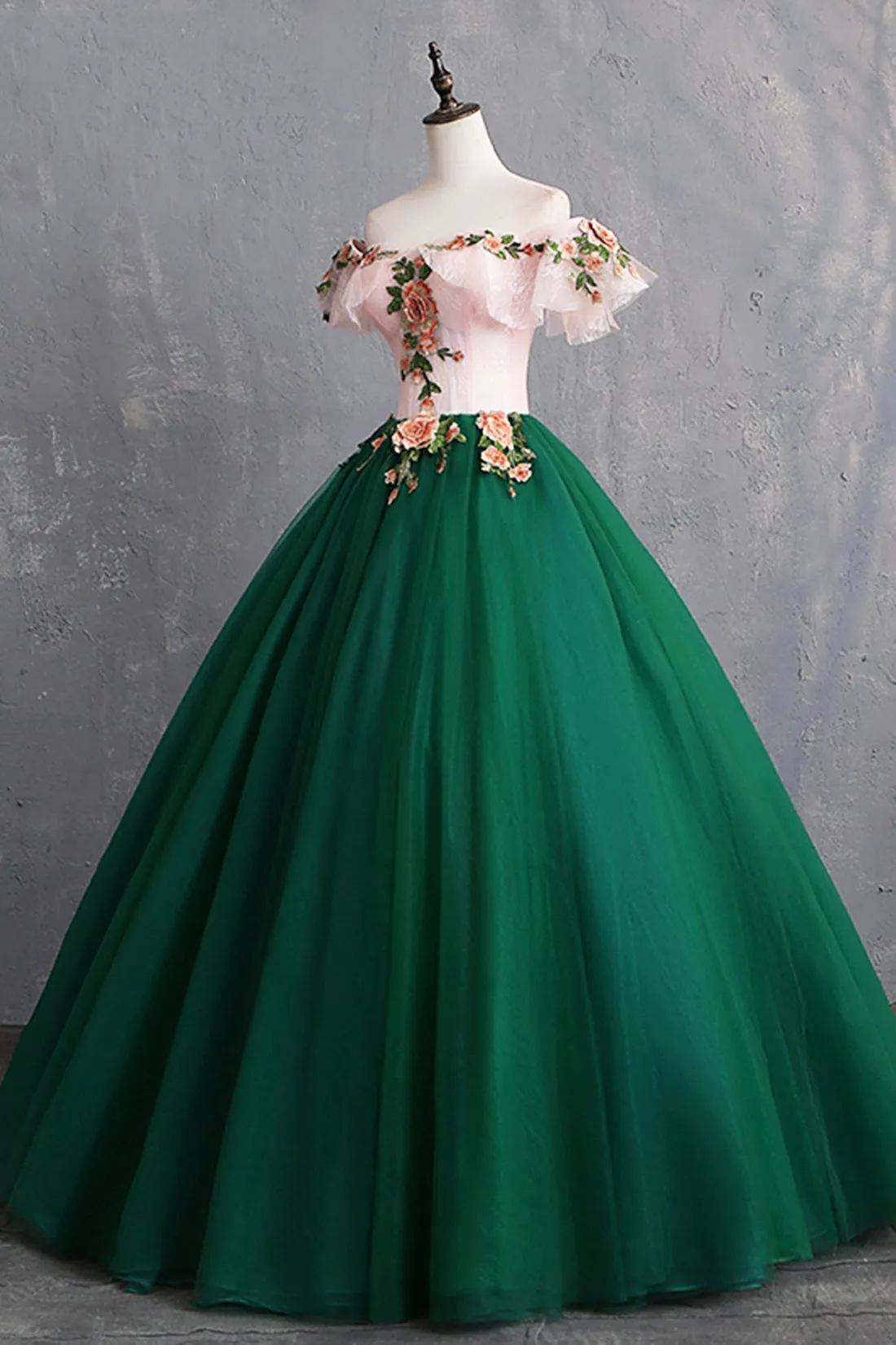 Green Tulle Lace Long Prom Dress, Cute Off Shoulder Evening Dress Party Dress