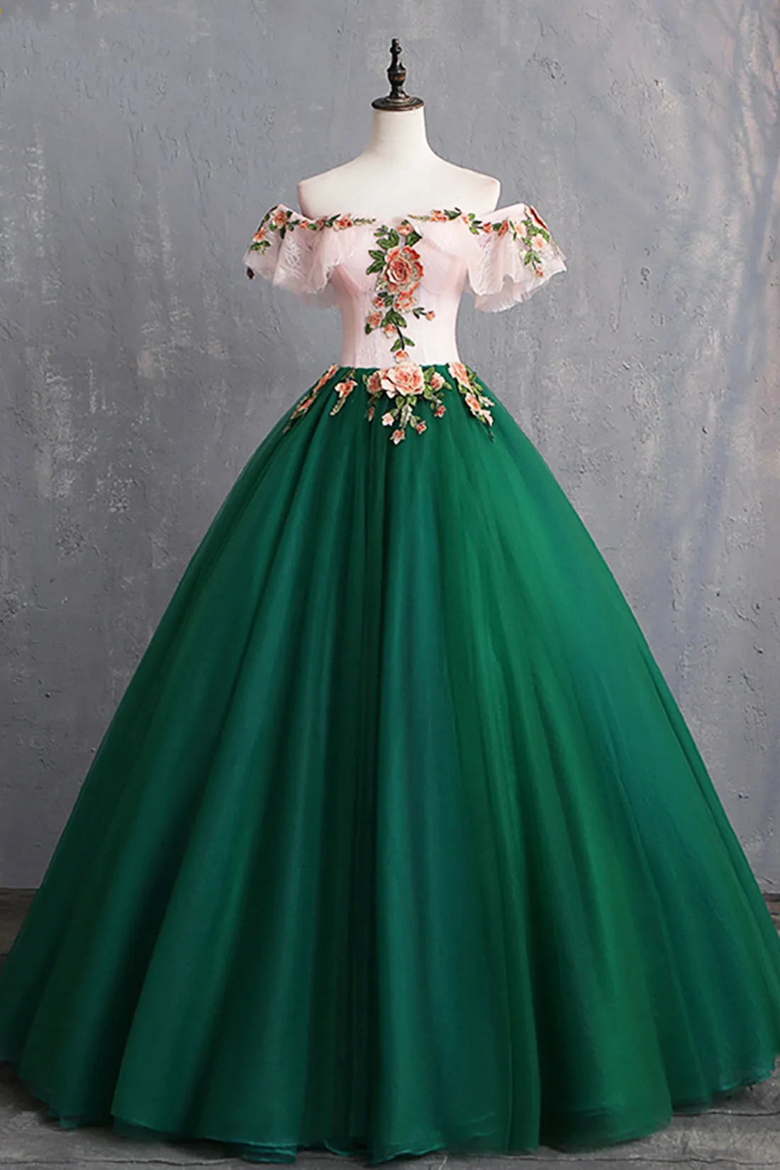 Green Tulle Lace Long Prom Dress, Cute Off Shoulder Evening Dress Party Dress