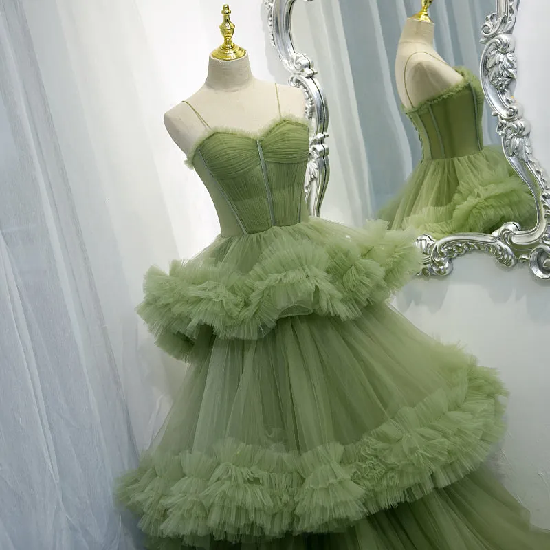 Green Tulle Layers Straps Sweetheart Long Evening Dress Party Dress, Green Formal Dress