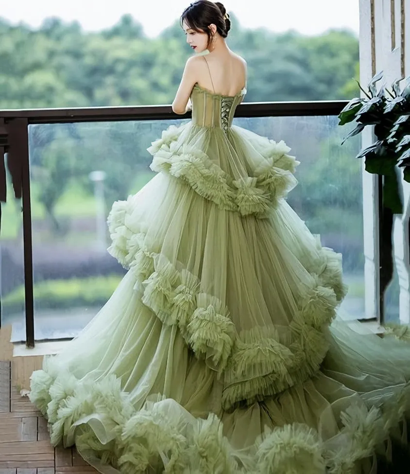 Green Tulle Layers Straps Sweetheart Long Evening Dress Party Dress, Green Formal Dress