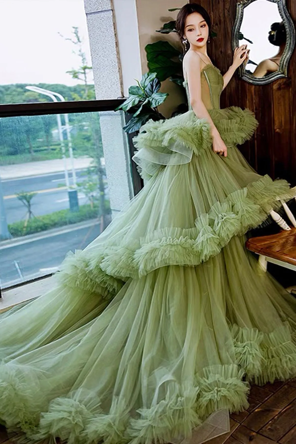 Green Tulle Layers Straps Sweetheart Long Evening Dress Party Dress, Green Formal Dress