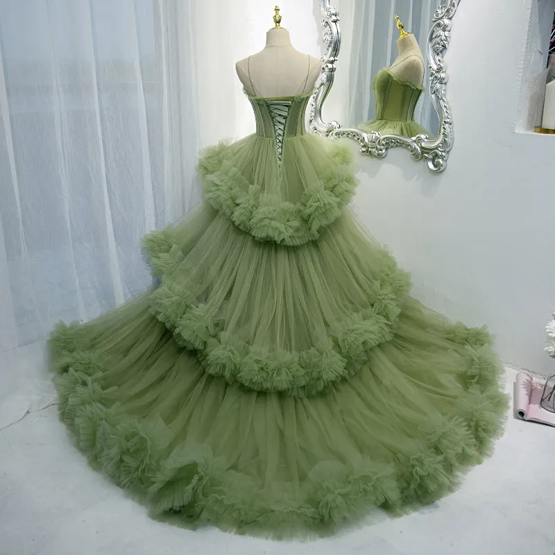 Green Tulle Layers Straps Sweetheart Long Evening Dress Party Dress, Green Formal Dress