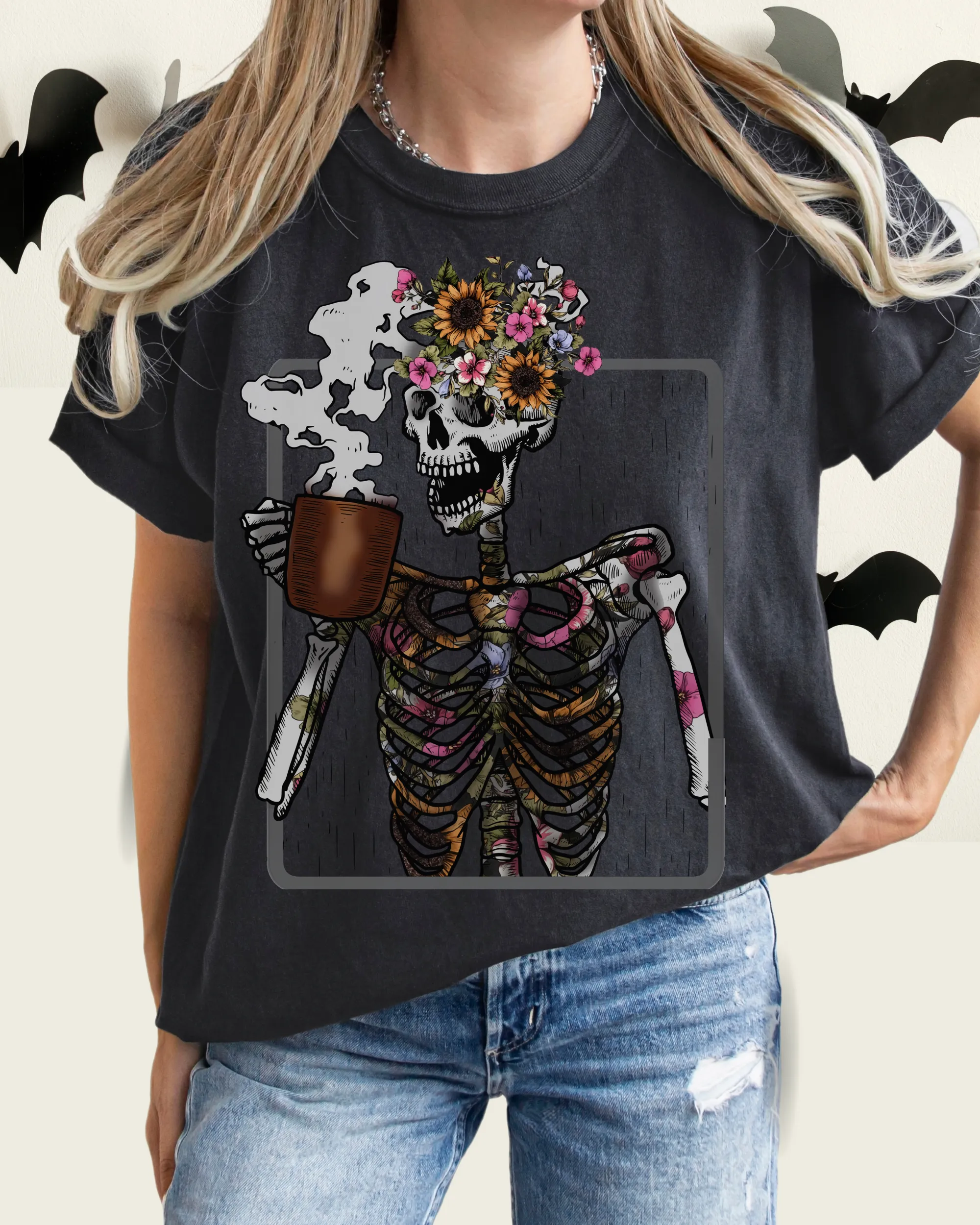 Halloween Comfort Colors® T-Shirt Women's Skeleton Coffee Funny Fall Colors T-Shirt,