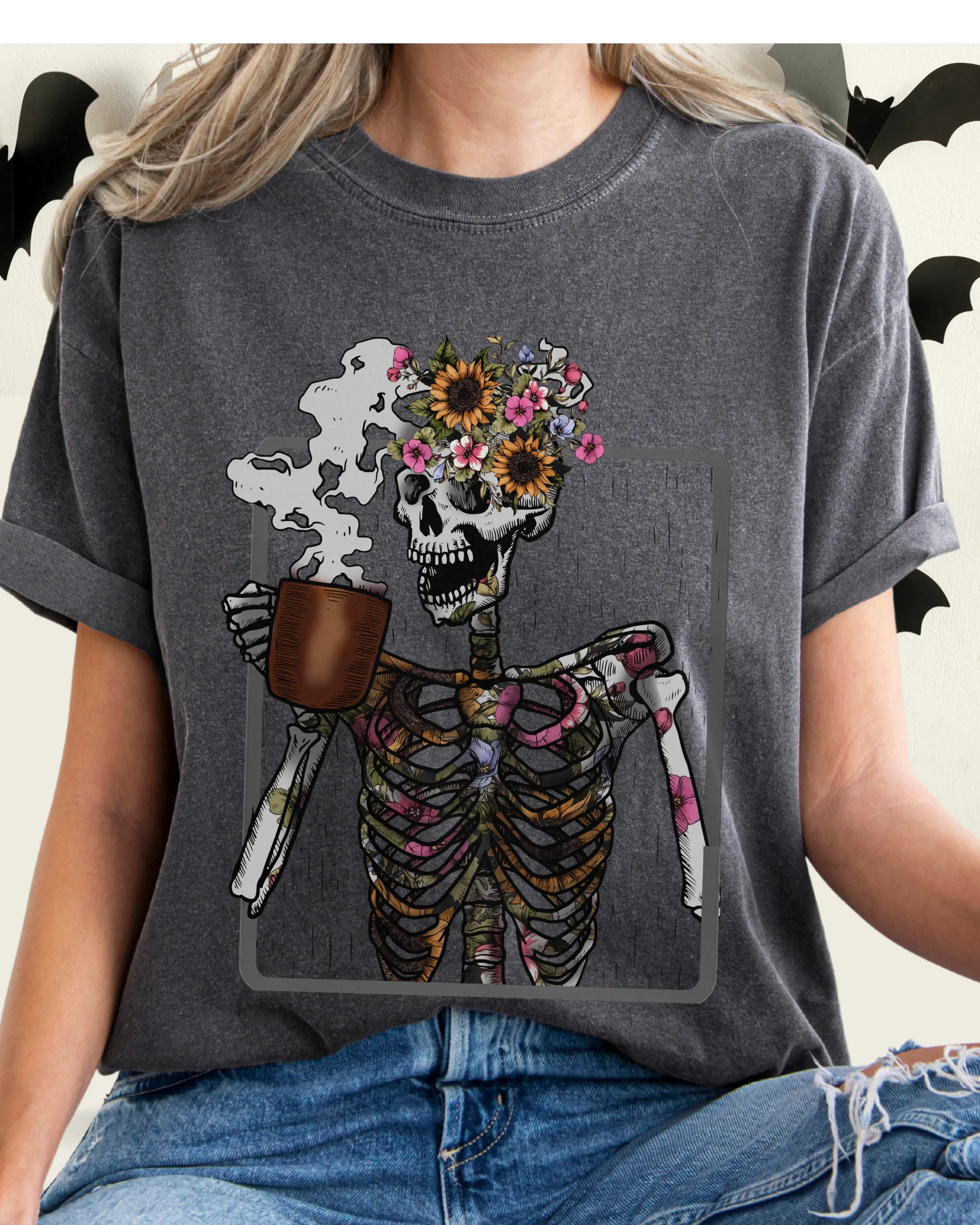 Halloween Comfort Colors® T-Shirt Women's Skeleton Coffee Funny Fall Colors T-Shirt,