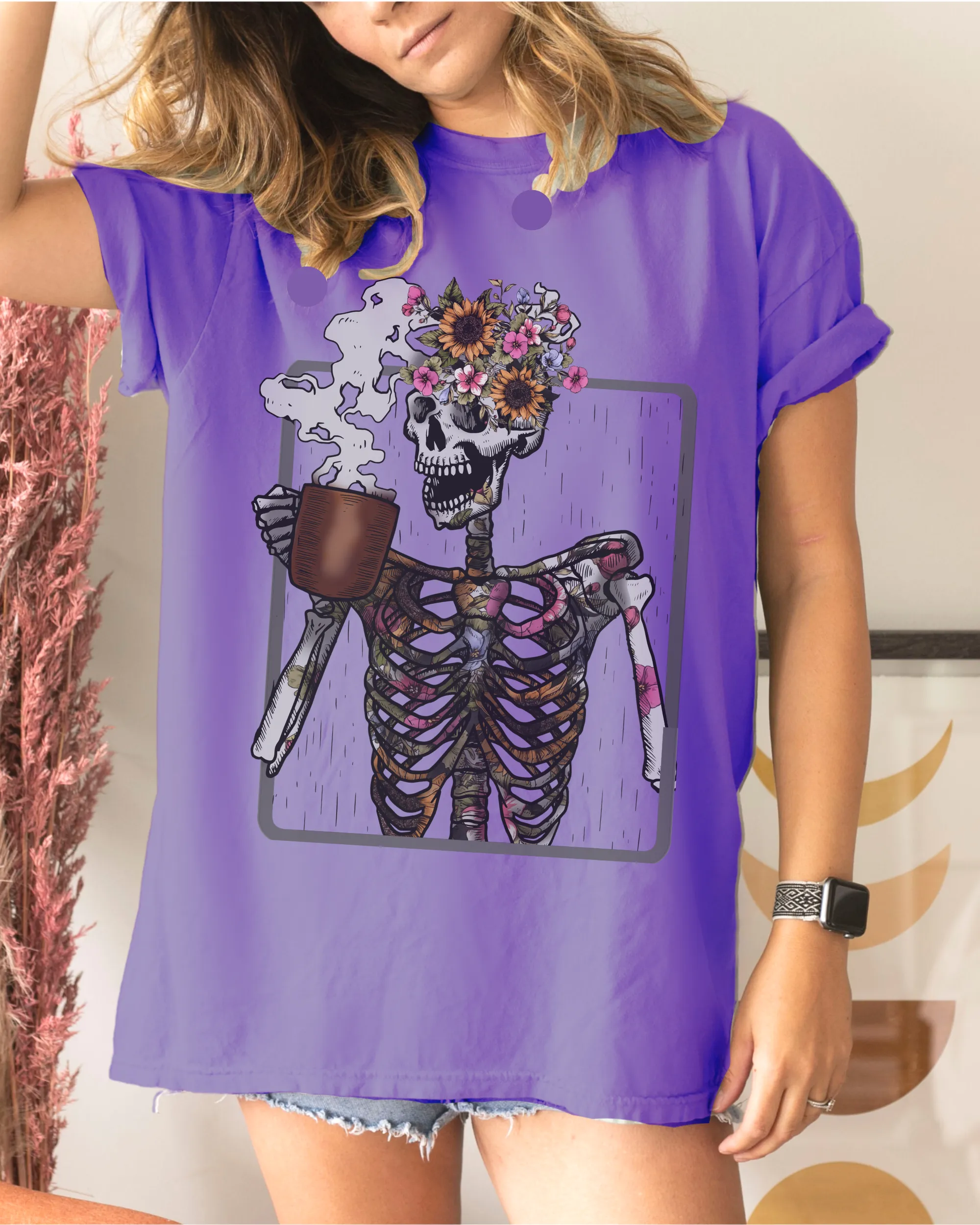 Halloween Comfort Colors® T-Shirt Women's Skeleton Coffee Funny Fall Colors T-Shirt,