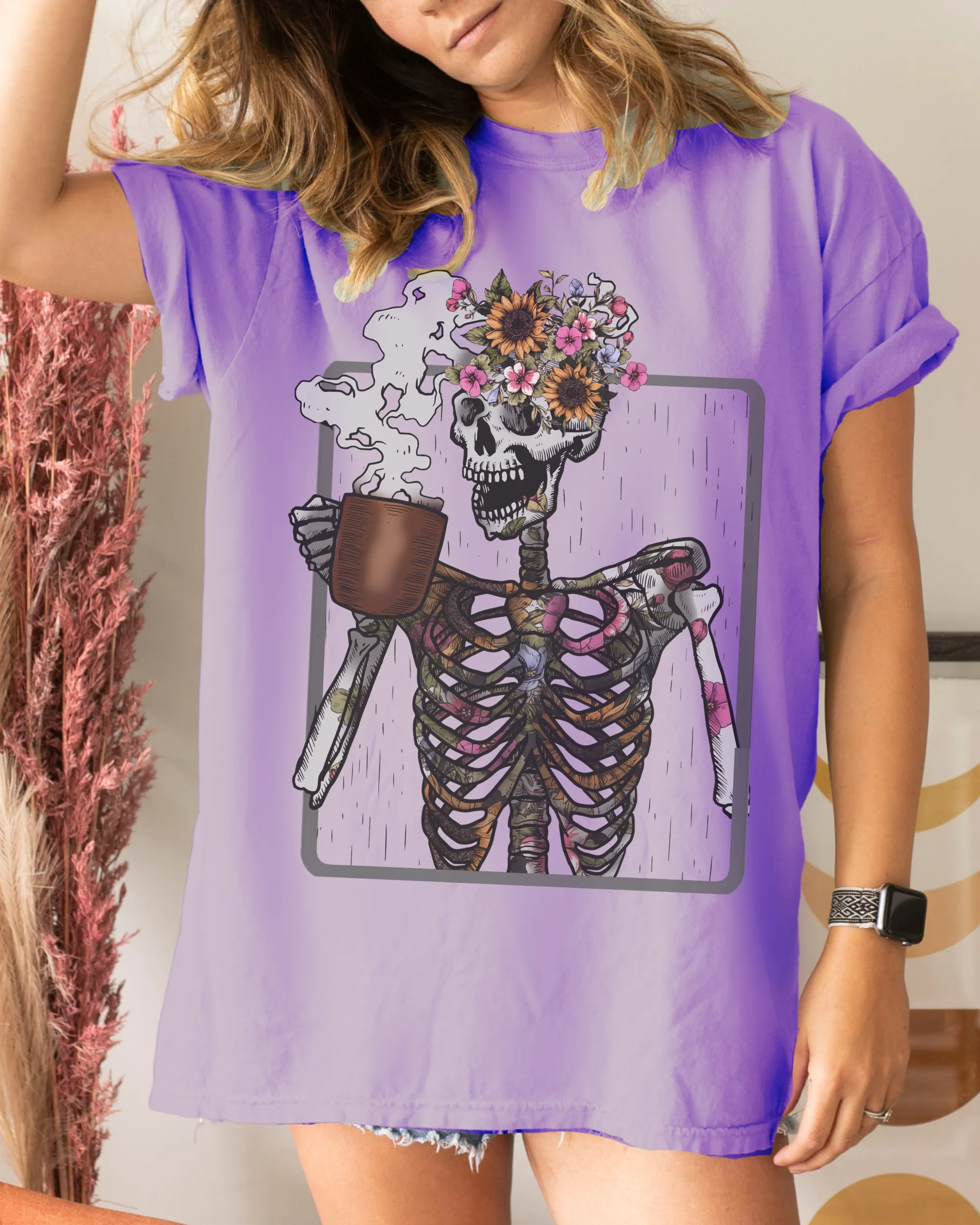 Halloween Comfort Colors® T-Shirt Women's Skeleton Coffee Funny Fall Colors T-Shirt,