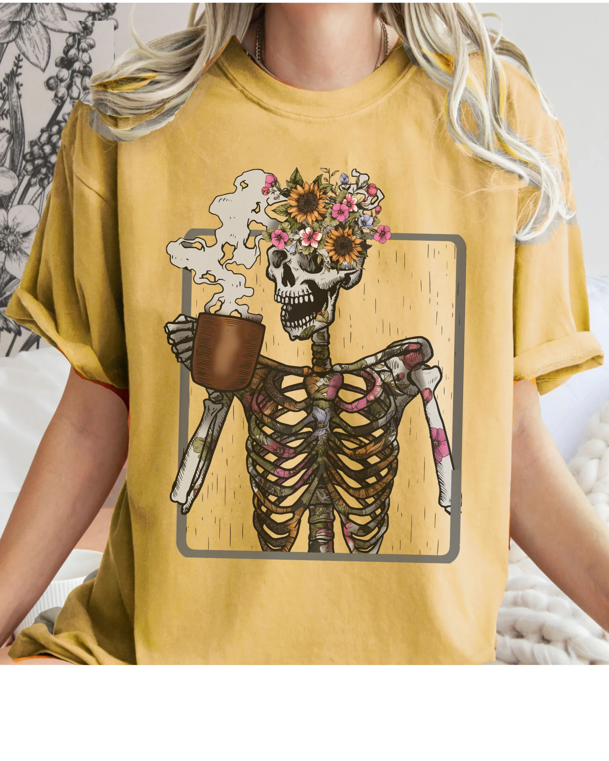 Halloween Comfort Colors® T-Shirt Women's Skeleton Coffee Funny Fall Colors T-Shirt,