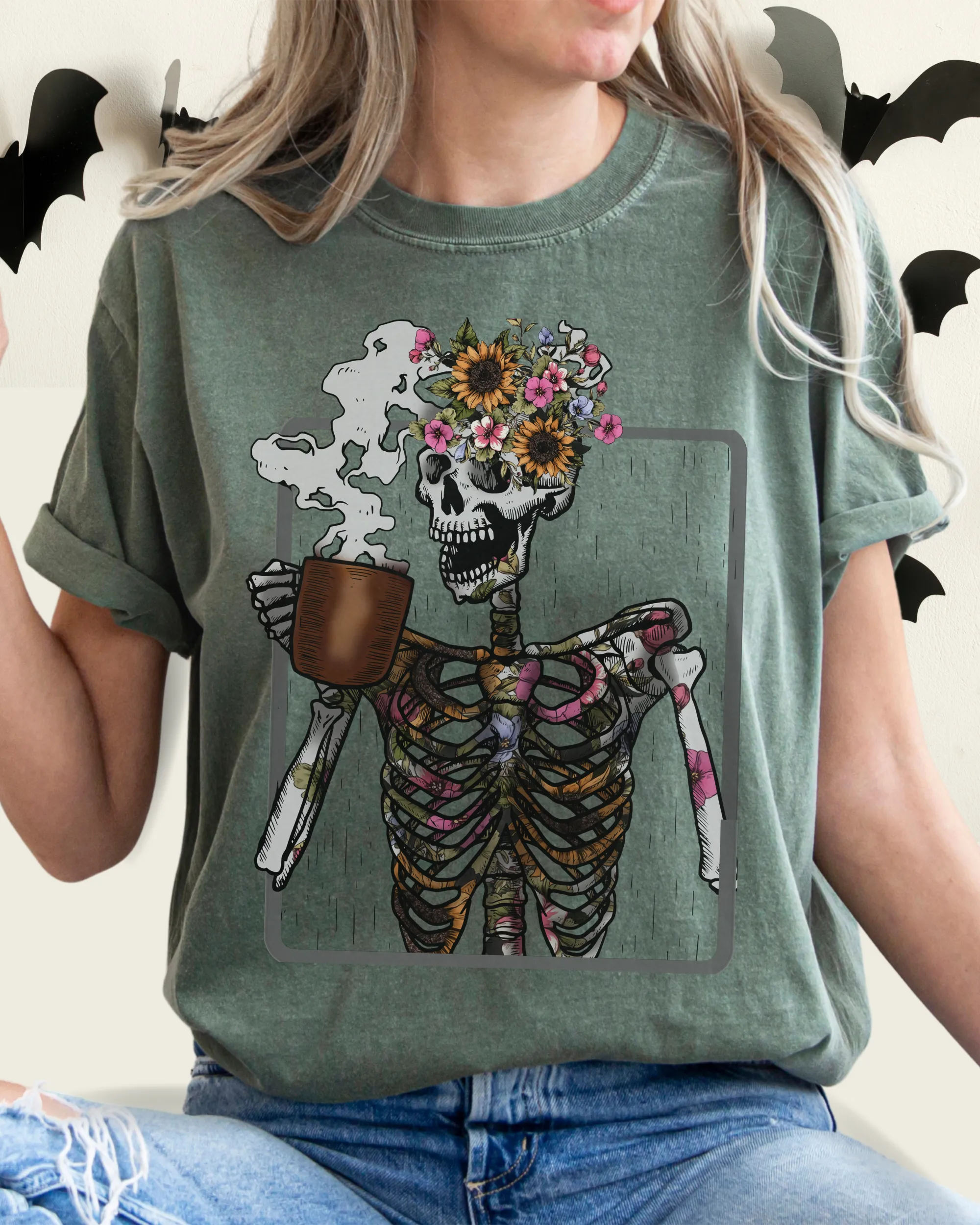 Halloween Comfort Colors® T-Shirt Women's Skeleton Coffee Funny Fall Colors T-Shirt,