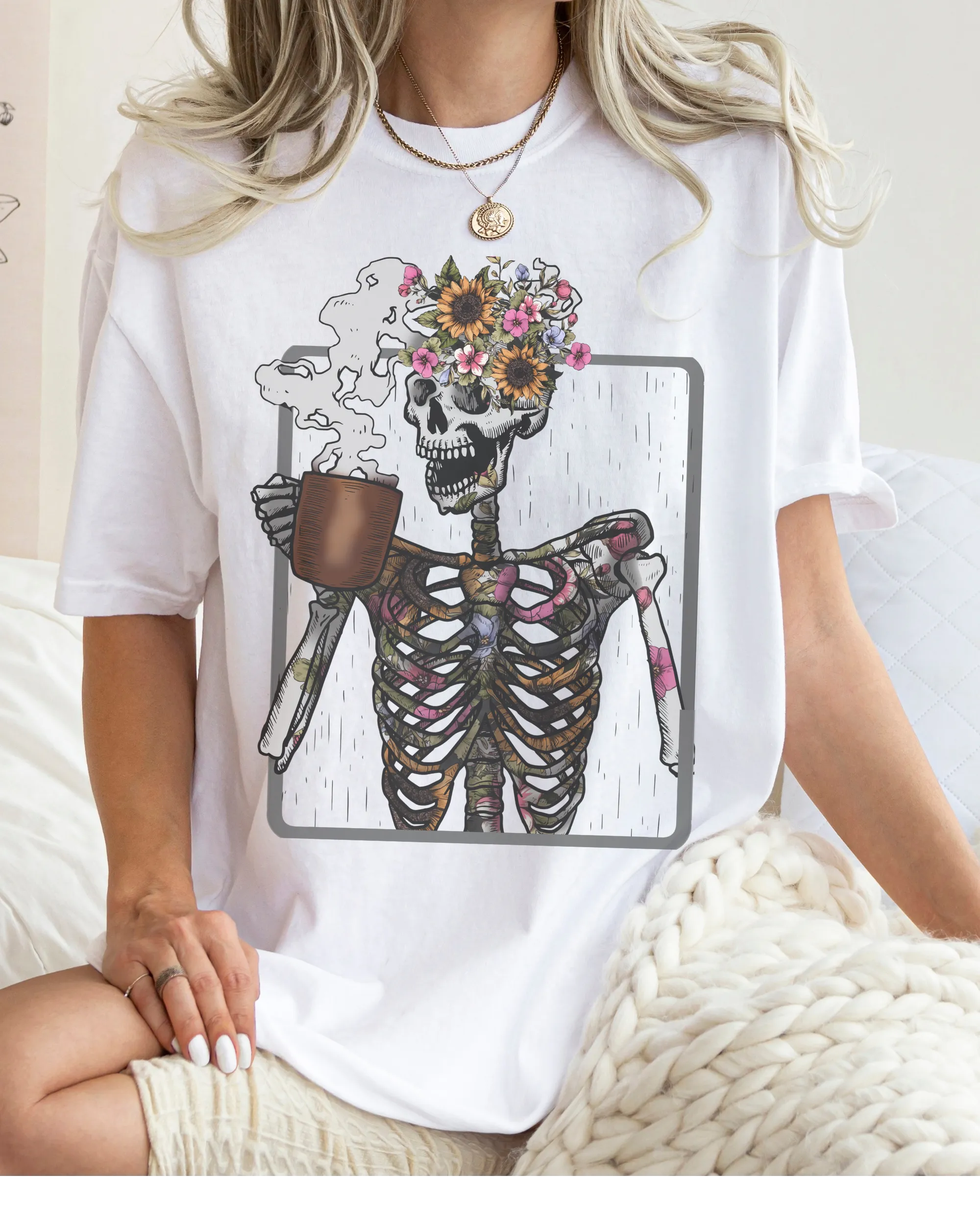 Halloween Comfort Colors® T-Shirt Women's Skeleton Coffee Funny Fall Colors T-Shirt,