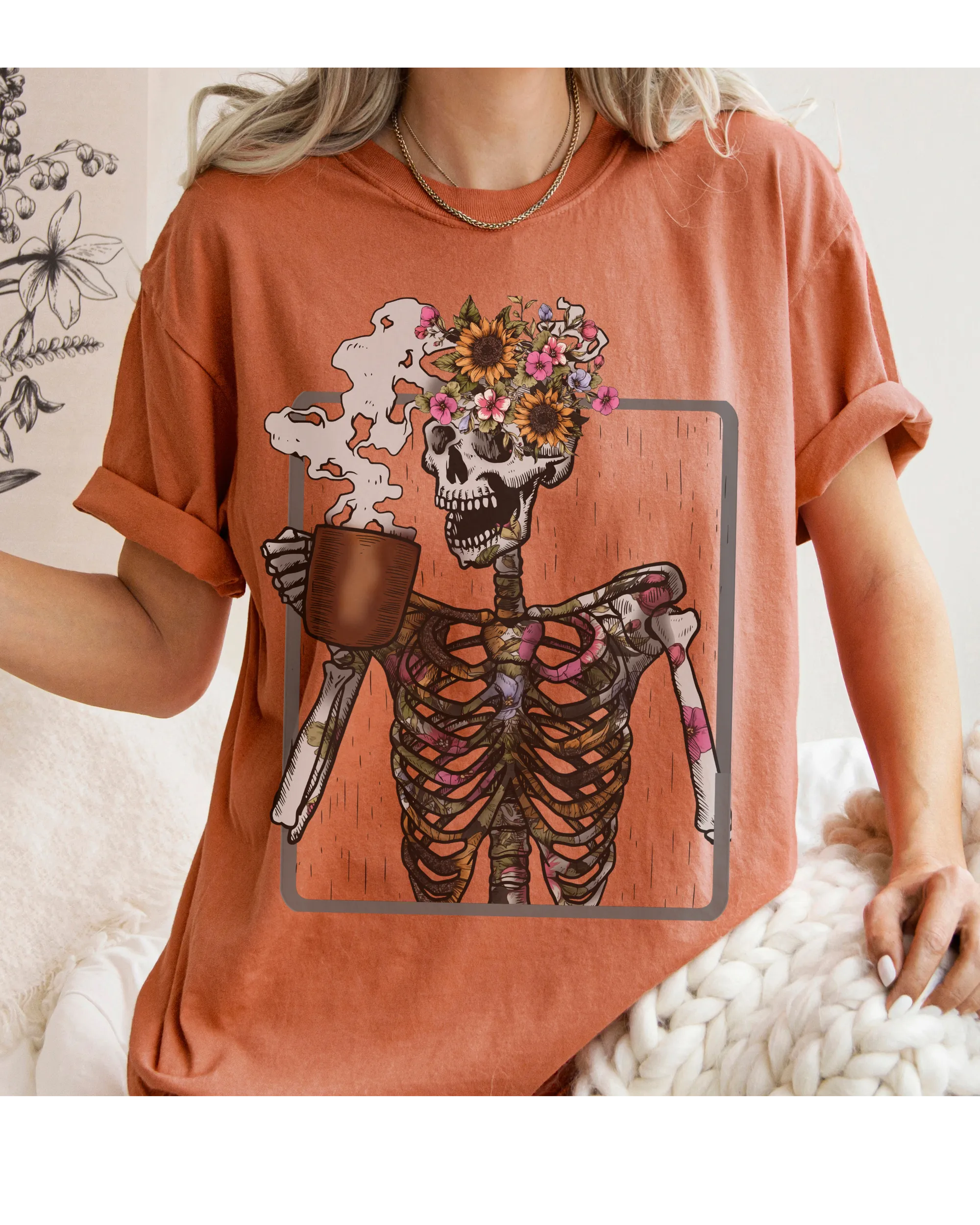 Halloween Comfort Colors® T-Shirt Women's Skeleton Coffee Funny Fall Colors T-Shirt,