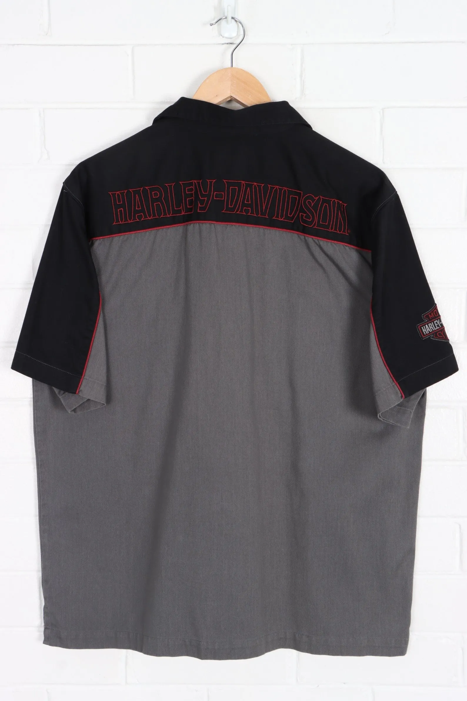 HARLEY DAVIDSON Grey Black Red Spell Out Logo Shirt (L)