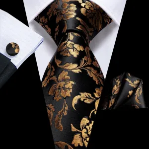 Hi-Tie Black Golden Floral 67 Inch Extra Long Tie Hanky Cufflinks Set