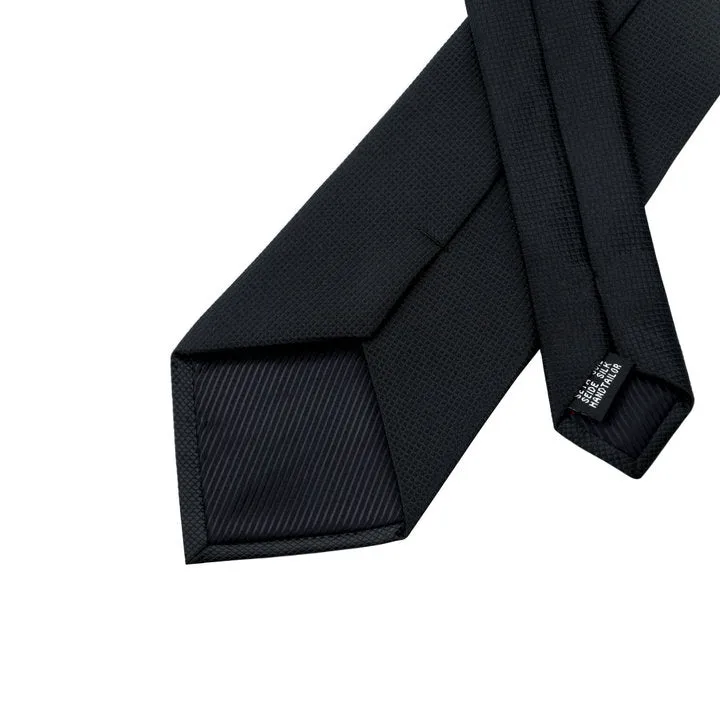 Hi-Tie Black Necktie Solid Silk Men's Tie Handkerchief Cufflinks Set