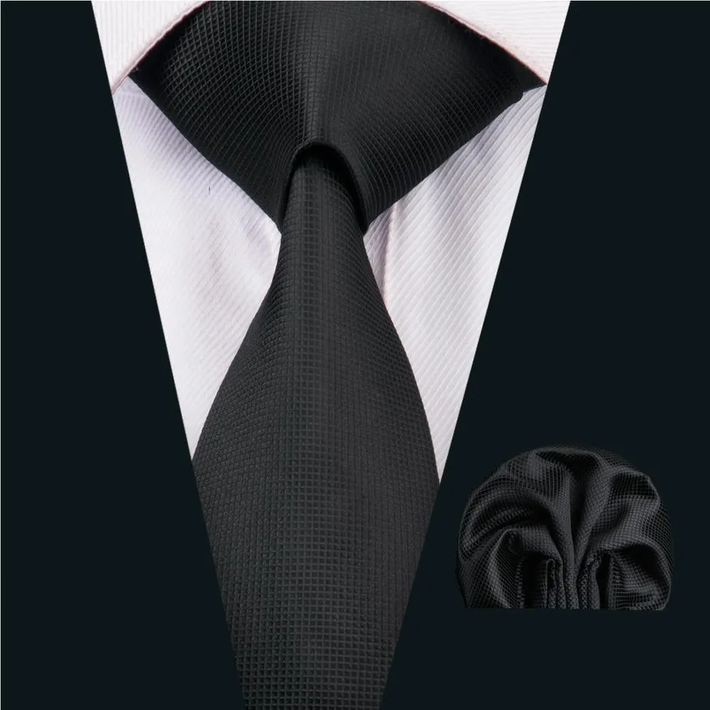 Hi-Tie Black Necktie Solid Silk Men's Tie Handkerchief Cufflinks Set