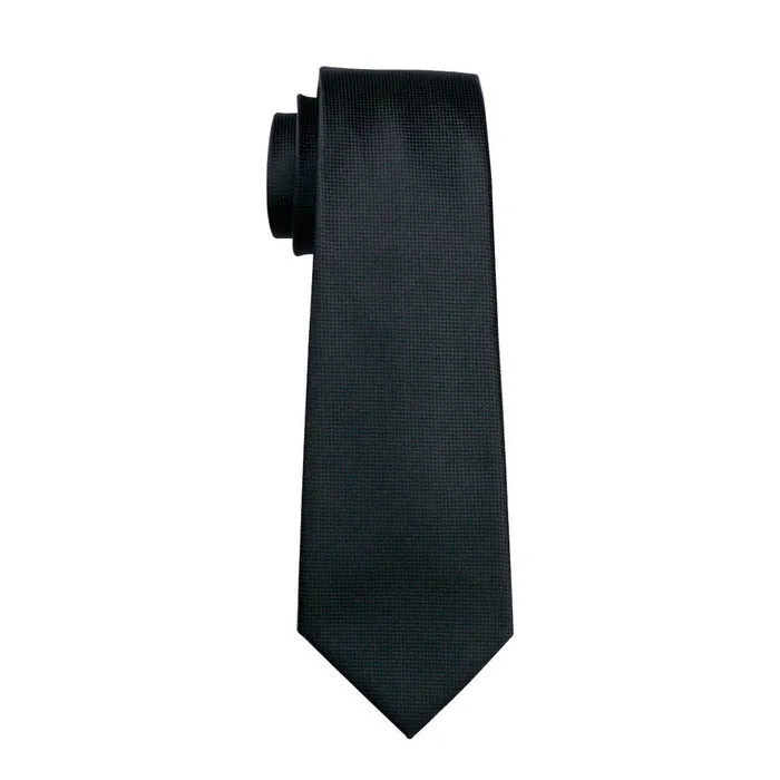 Hi-Tie Black Necktie Solid Silk Men's Tie Handkerchief Cufflinks Set