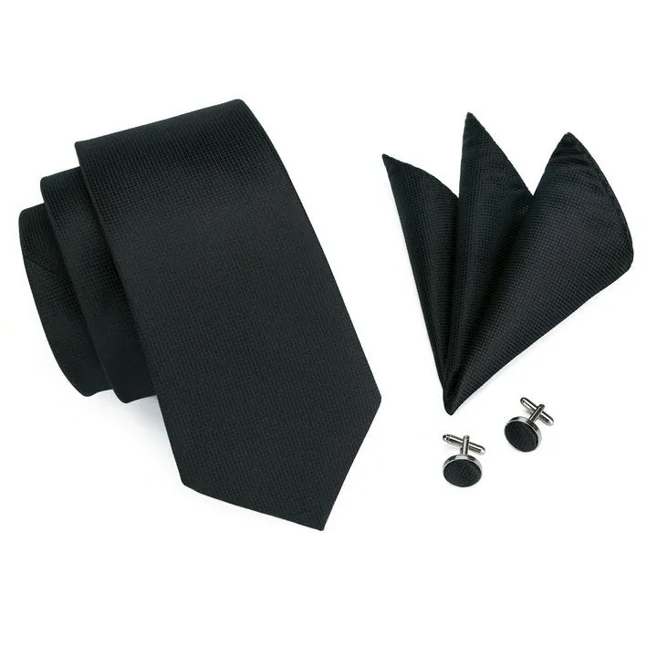 Hi-Tie Black Necktie Solid Silk Men's Tie Handkerchief Cufflinks Set