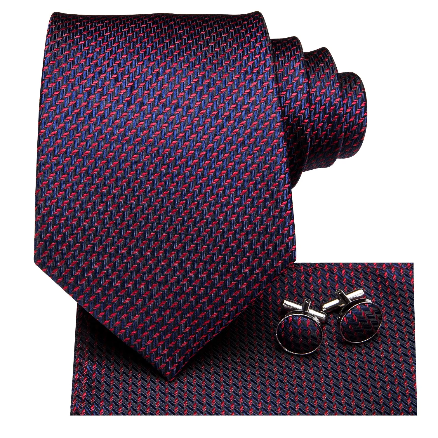 Hi-Tie Blue Red Striped Mens Geometric Tie Pocket Square Cufflinks Set