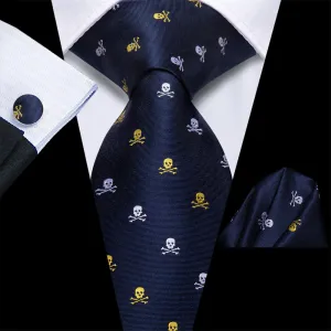 Hi-Tie Blue Skull Silk Men's Necktie Pocket Square Cufflinks Set