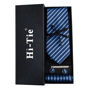 Hi-Tie Blue Striped Necktie Pocket Square Cufflinks Gift Box Set