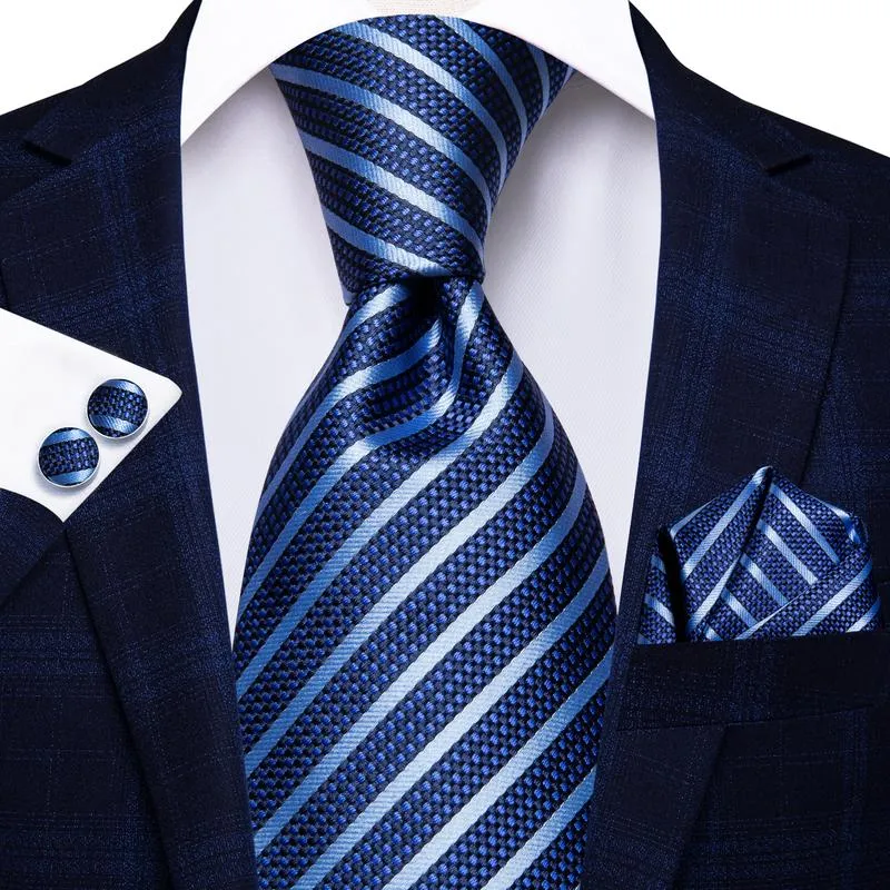 Hi-Tie Blue Striped Necktie Pocket Square Cufflinks Gift Box Set