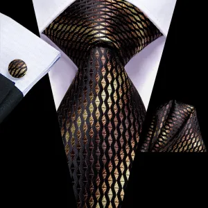 Hi-Tie Brown Necktie Black Yellow Silk Tie Pocket Square Cufflinks Set