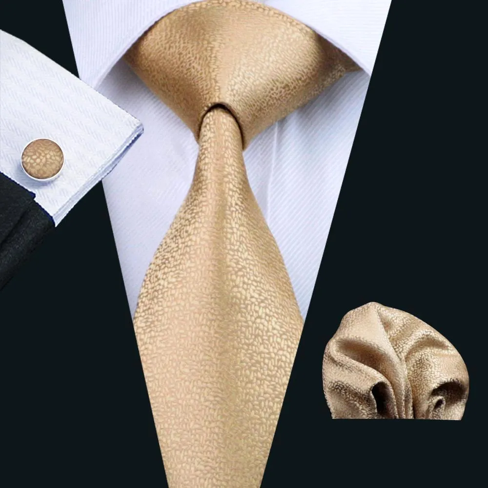 Hi-Tie Champagne Golden Solid Men's Tie Hanky Cufflinks Gift Box Set