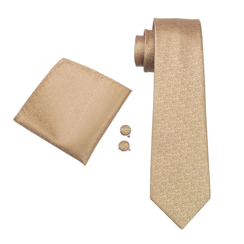 Hi-Tie Champagne Golden Solid Men's Tie Hanky Cufflinks Gift Box Set