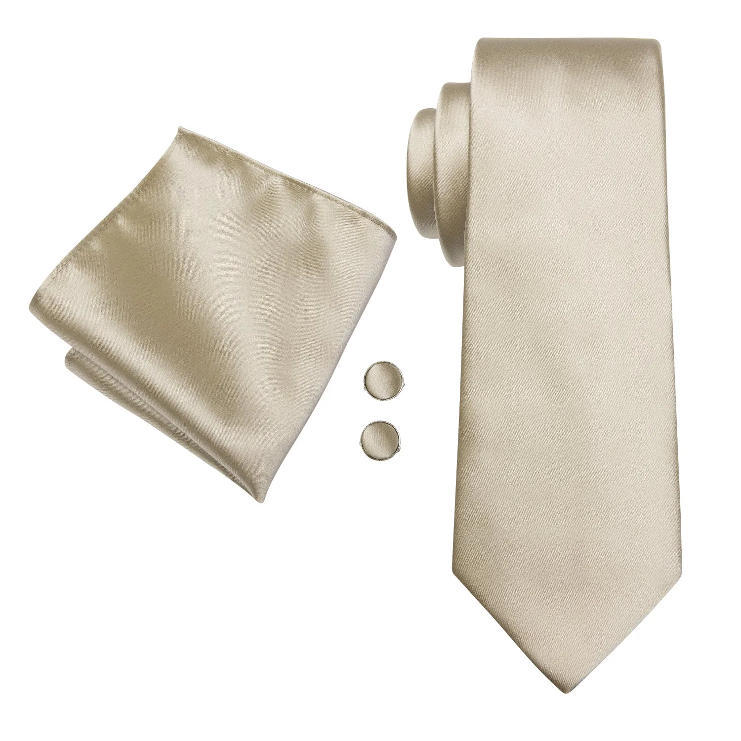 Hi-Tie Champagne Wedding Tie Solid Necktie Pocket Square Cufflinks Set