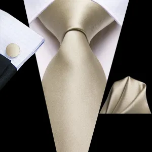 Hi-Tie Champagne Wedding Tie Solid Necktie Pocket Square Cufflinks Set