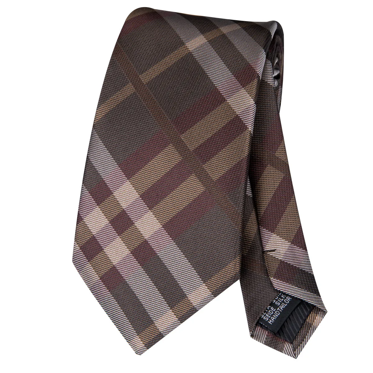 Hi-Tie Classic Brown Plaid Men's Necktie Pocket Square Cufflinks Set