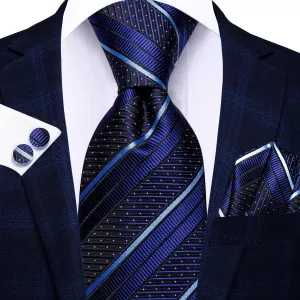 Hi-Tie Dark Blue Tie with White Stripes Pocket Square Cufflinks Set