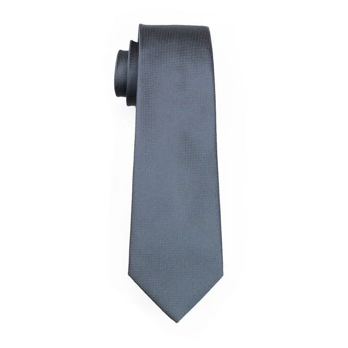 Hi-Tie Dark Grey Necktie Gray Solid Tie Handkerchief Cufflinks Set