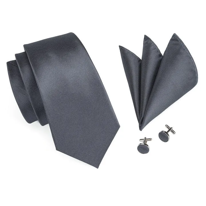 Hi-Tie Dark Grey Necktie Gray Solid Tie Handkerchief Cufflinks Set