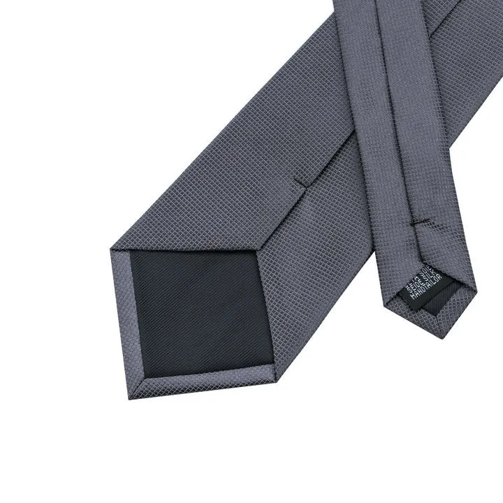 Hi-Tie Dark Grey Necktie Gray Solid Tie Handkerchief Cufflinks Set