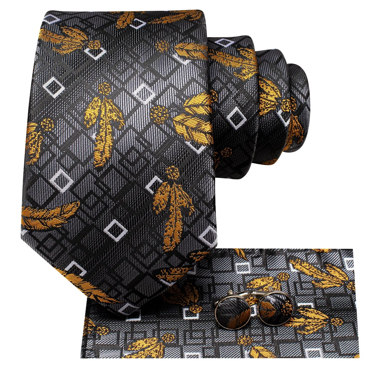 Hi-Tie Dark Grey Yellow Floral Novelty Tie Pocket Square Cufflinks Set