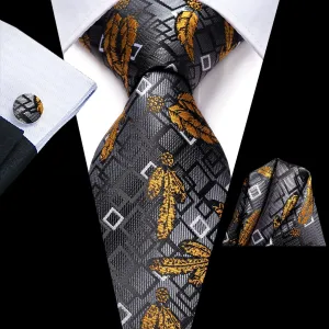 Hi-Tie Dark Grey Yellow Floral Novelty Tie Pocket Square Cufflinks Set