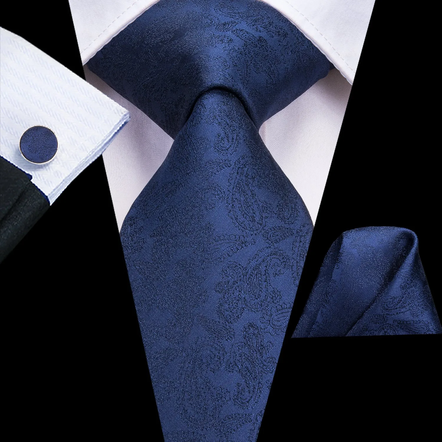 Hi-Tie Deep Blue Necktie Paisley Silk Tie Pocket Square Cufflinks Set