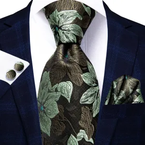 Hi-Tie Deep Green Floral 67 Inches XL Ties Handkerchief Cufflinks Set