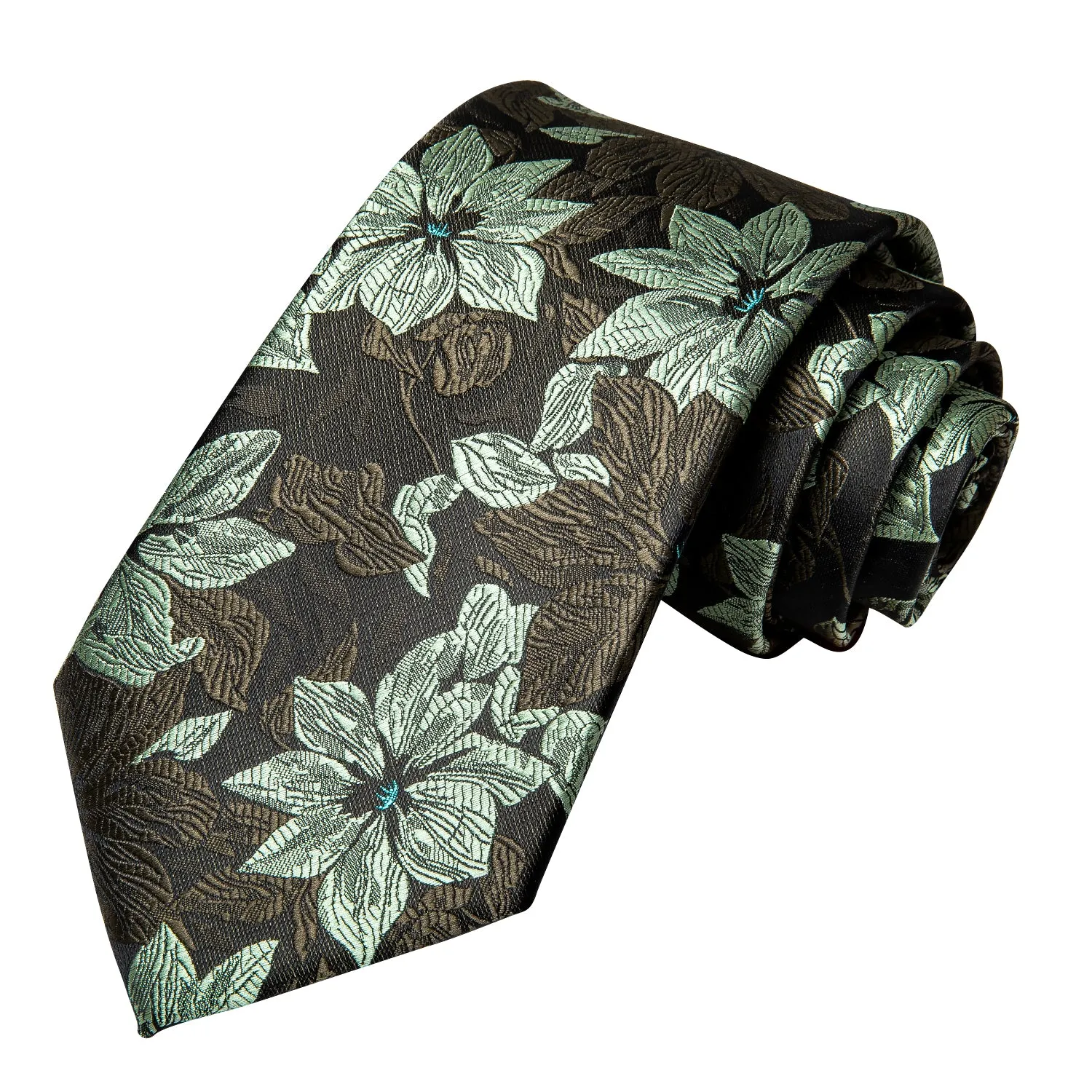 Hi-Tie Deep Green Floral 67 Inches XL Ties Handkerchief Cufflinks Set