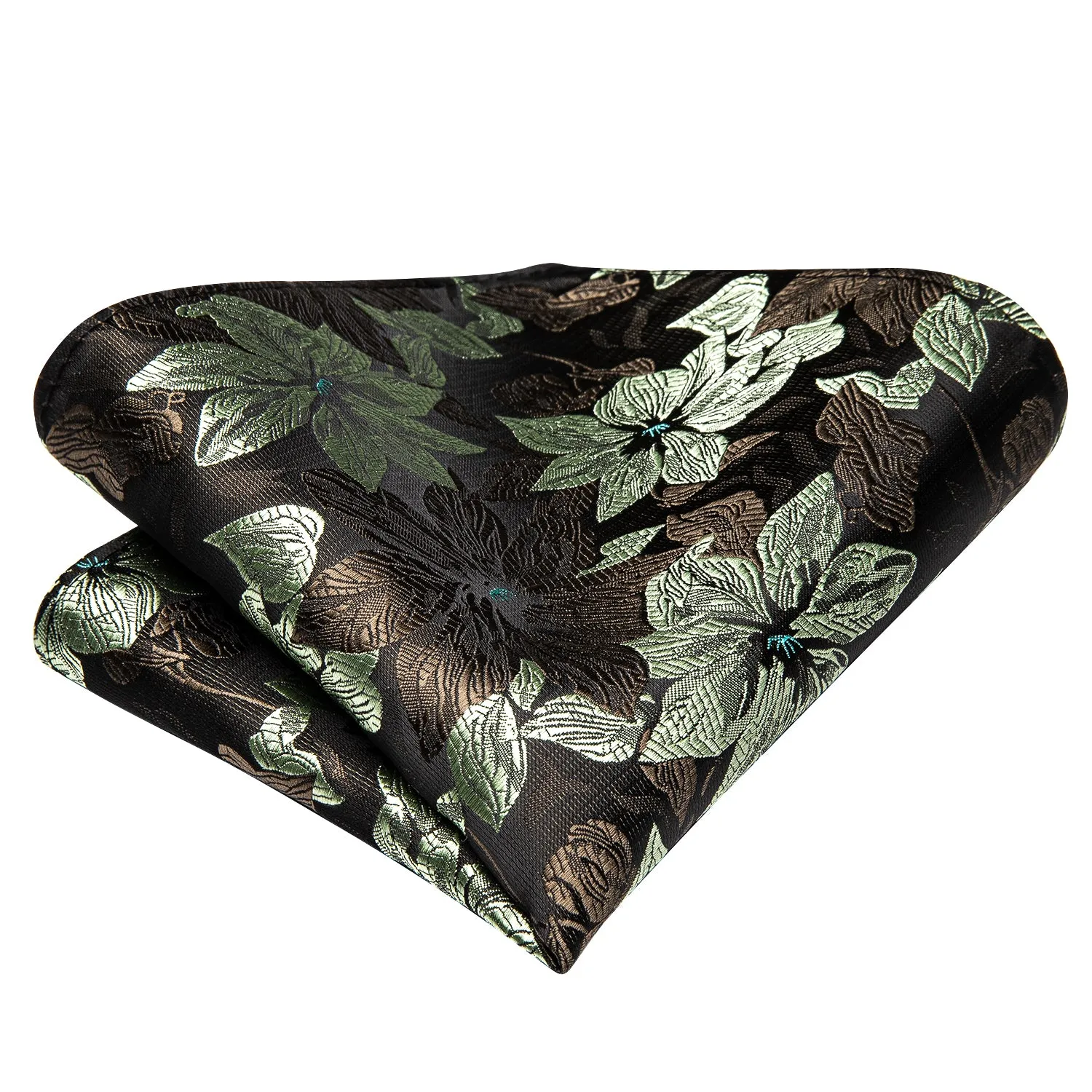 Hi-Tie Deep Green Floral 67 Inches XL Ties Handkerchief Cufflinks Set