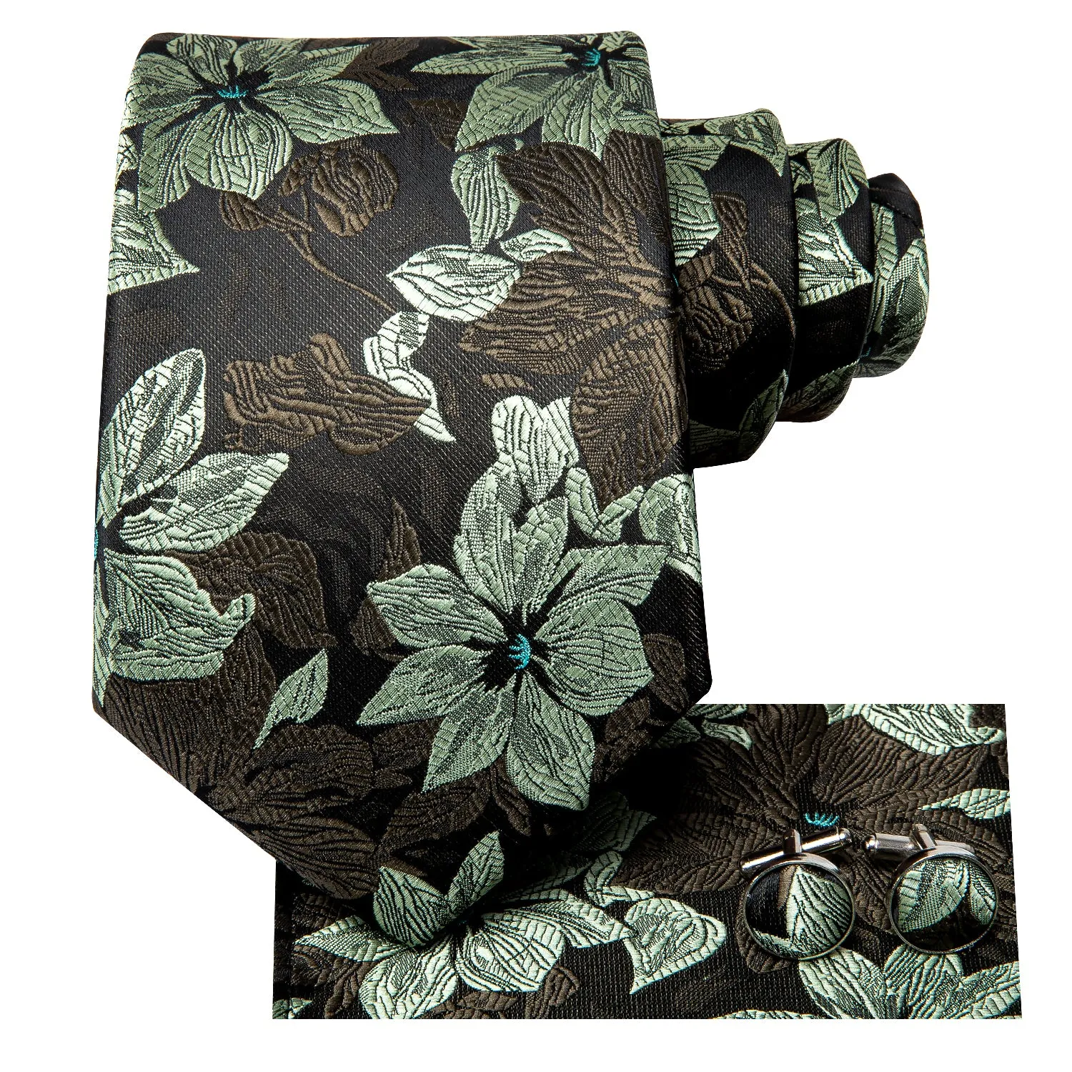 Hi-Tie Deep Green Floral 67 Inches XL Ties Handkerchief Cufflinks Set