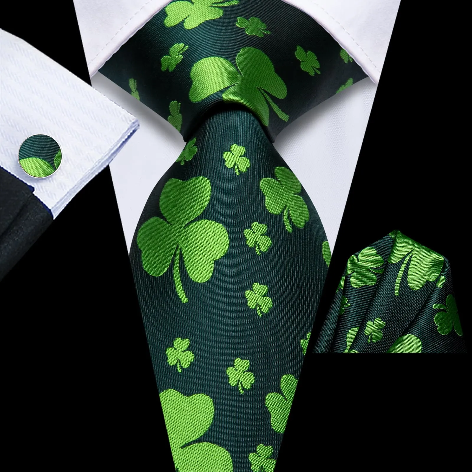 Hi-Tie Deep Green Novelty Shamrock Pattern Silk Mens Tie Pocket Square Cufflinks Set