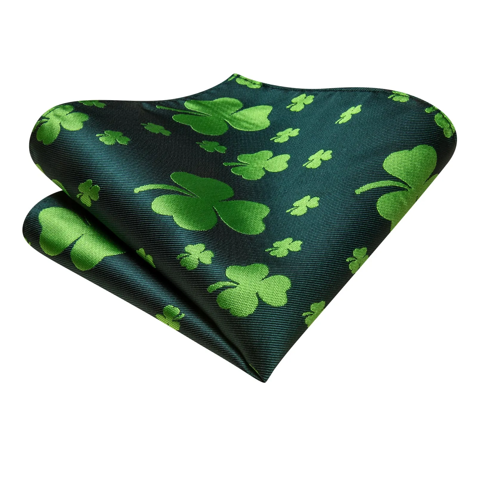 Hi-Tie Deep Green Novelty Shamrock Pattern Silk Mens Tie Pocket Square Cufflinks Set