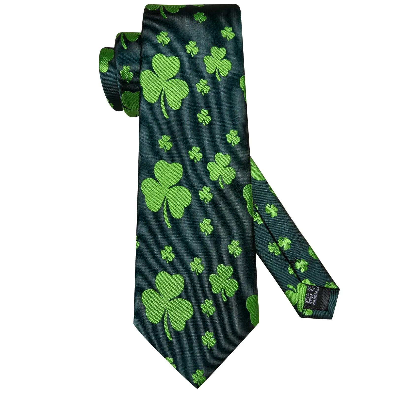 Hi-Tie Deep Green Novelty Shamrock Pattern Silk Mens Tie Pocket Square Cufflinks Set