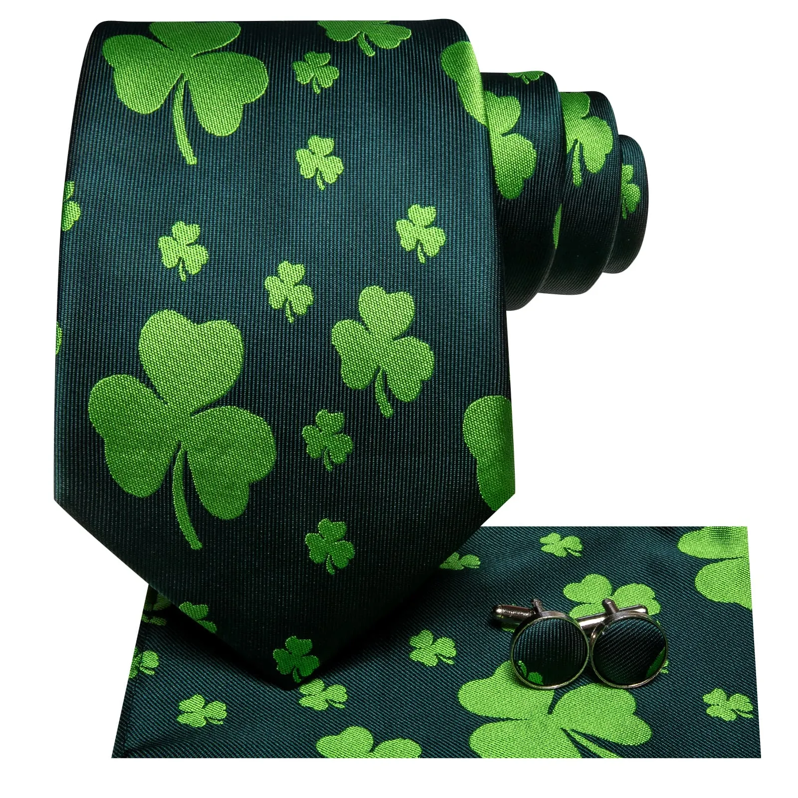 Hi-Tie Deep Green Novelty Shamrock Pattern Silk Mens Tie Pocket Square Cufflinks Set