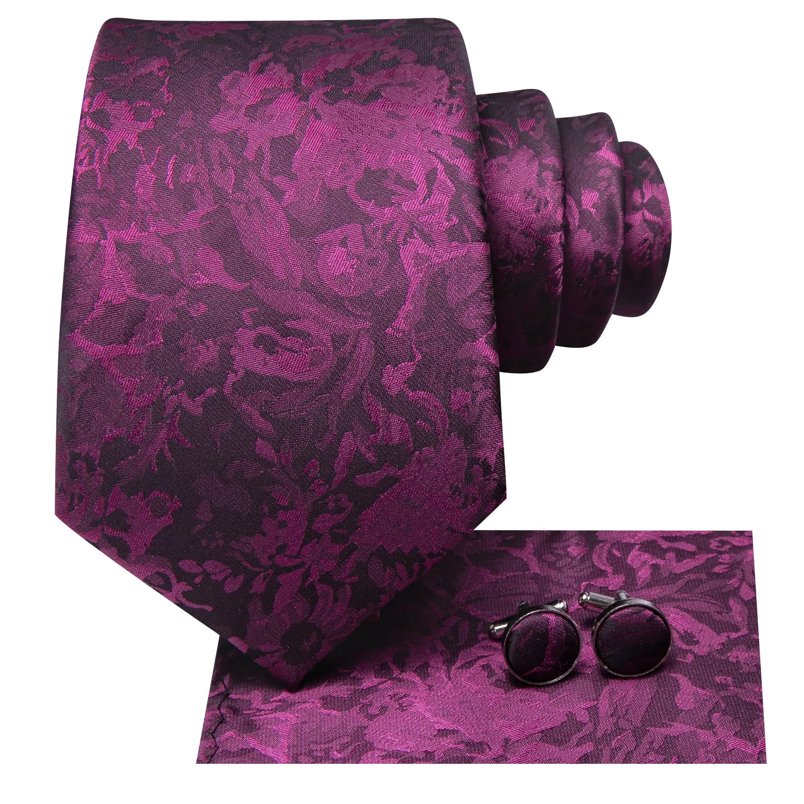 Hi-Tie Deep Purple Floral Silk Mens Tie Handkerchief Cufflinks Set